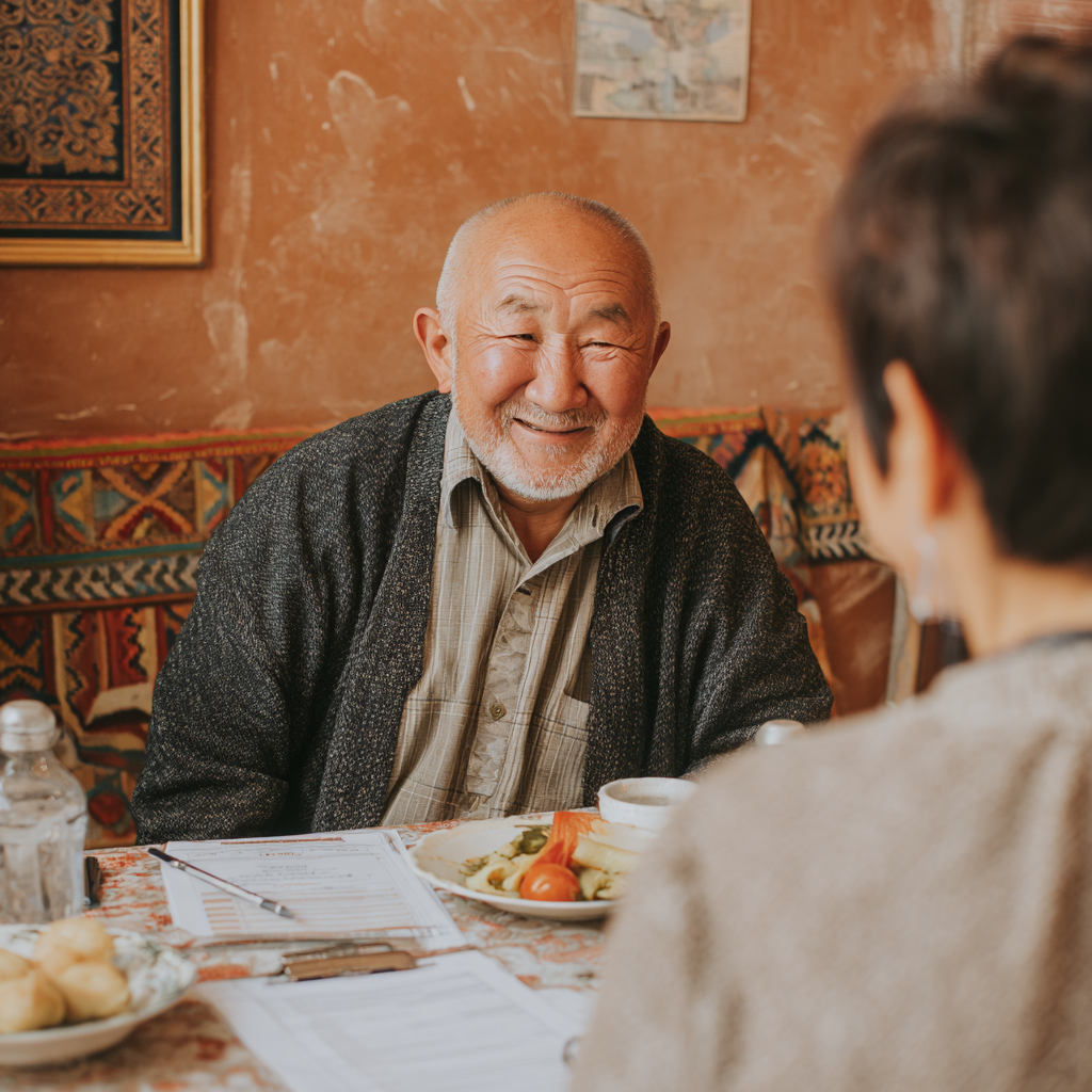 Улыбающаяся пожилая европейская женщина готовит здоровый завтрак из свежих фруктов и овощей на яркой кухне